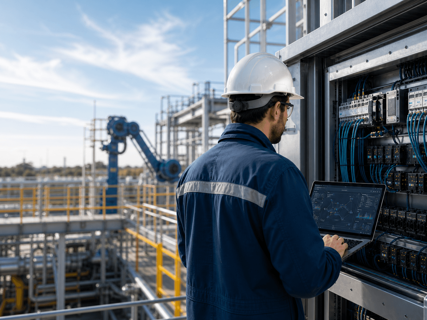 Technician reviewing connected industrial technology infrastructure
