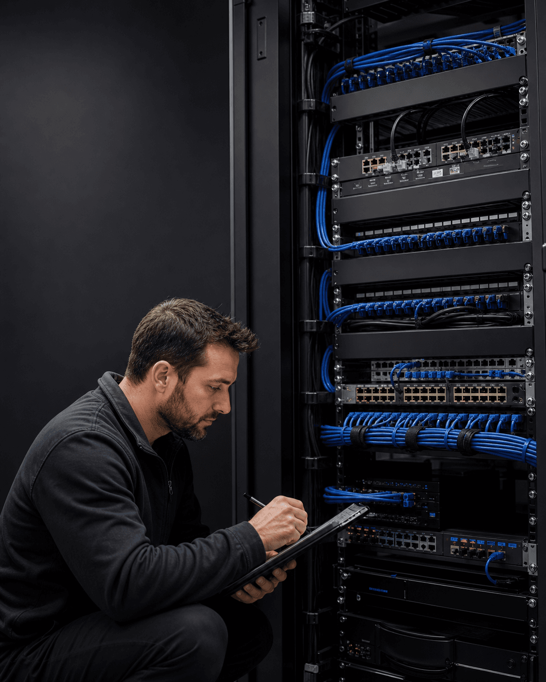 Technician documenting organized business technology